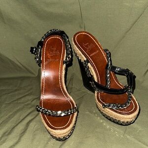 Christian Louboutin Black and Brown Wedge Sandals with Chunky Heel
